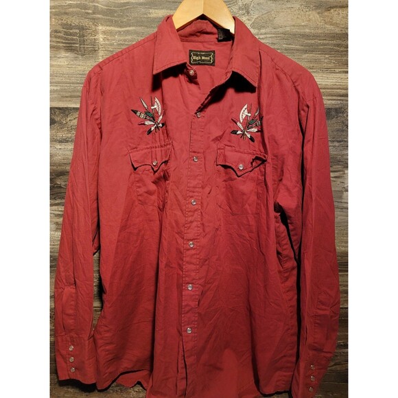Vintage High Noon Western Cowboy Shirt Men's L Red Pearl Snap Embroidered - Picture 1 of 5